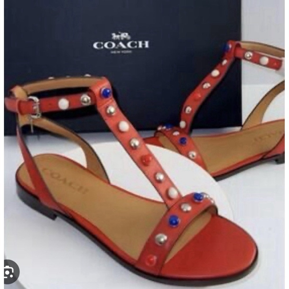 Coach Sadie Semi Black Calf Studded Sandals‎ Size 6.5 Deep Coral T Strap - Picture 10 of 10